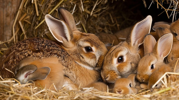 a rabbit family snuggled together in a cozy nest