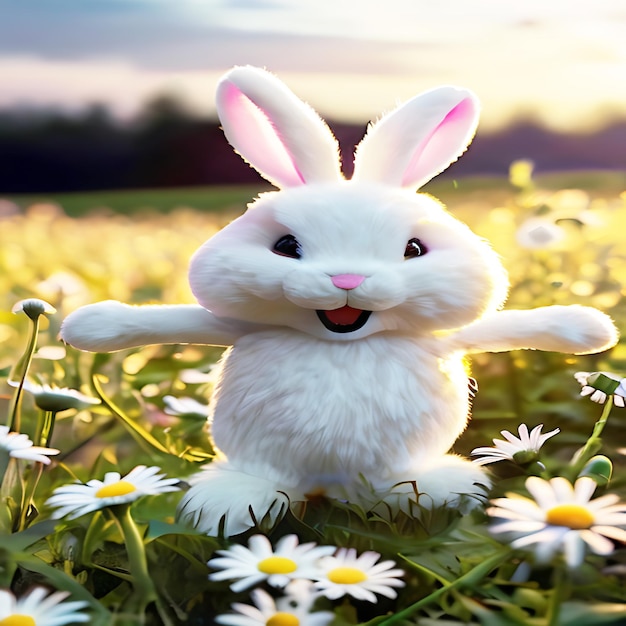 a rabbit in a field of daisies with the sun behind him