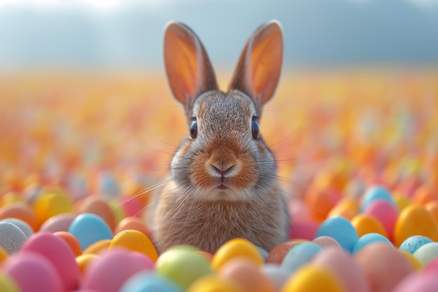 rabbit in a field filled with colored little easter eggs