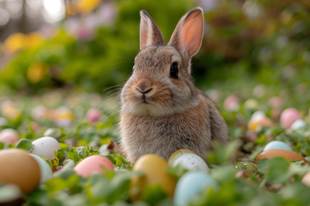 rabbit in a field filled with colored little easter eggs