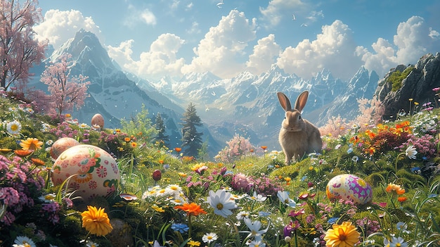 a rabbit in a field of flowers with a bunny in the background