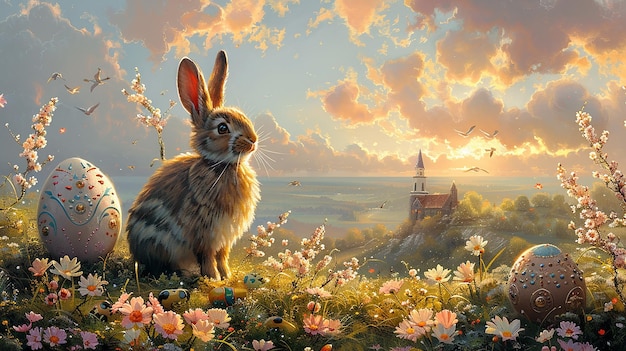 a rabbit in a field of flowers with a church in the background