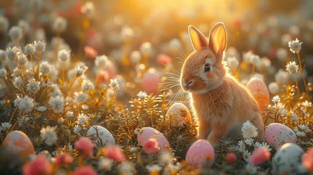 a rabbit in a field of flowers with eggs in the background