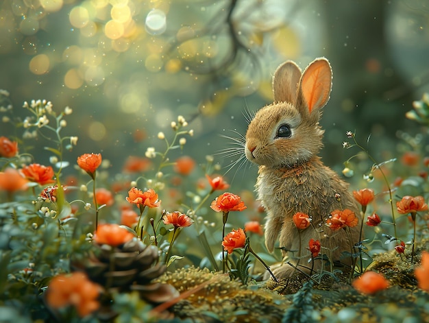 a rabbit in a field of flowers with a pine cone in the background