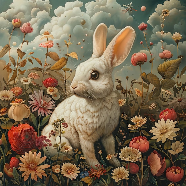 a rabbit in a field of flowers with a rabbit in the background