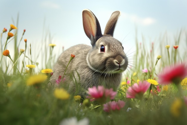 A rabbit in a field of flowers