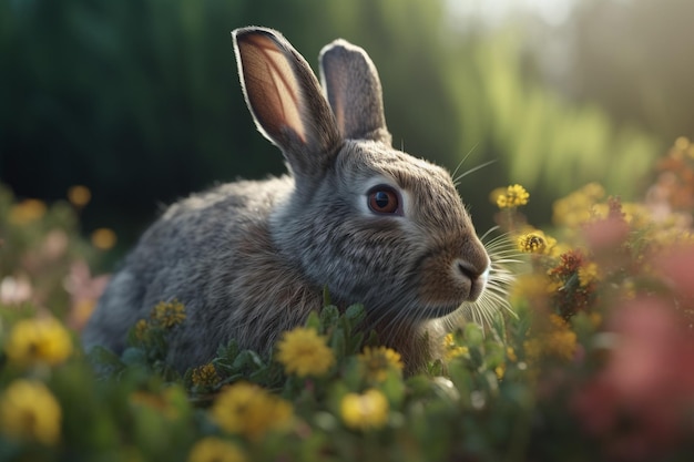 A rabbit in a field of flowers