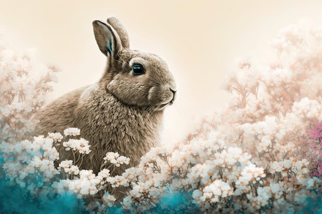 A rabbit in a field of flowers