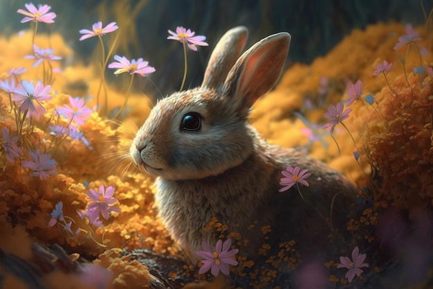 A rabbit in a field of flowers