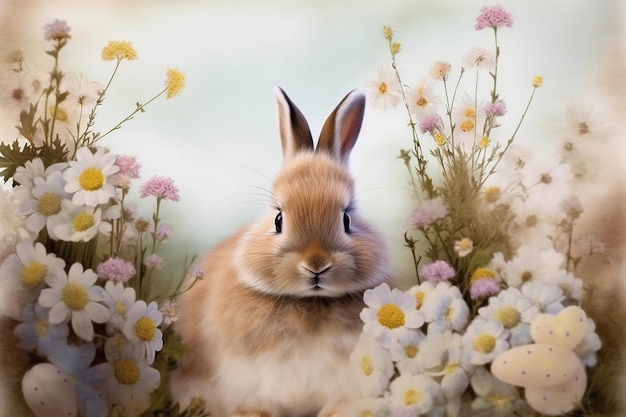 A rabbit in a field of flowers