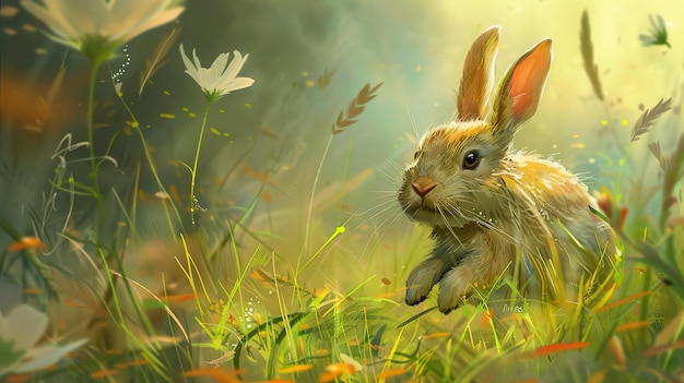 a rabbit in a field of grass with flowers in the background