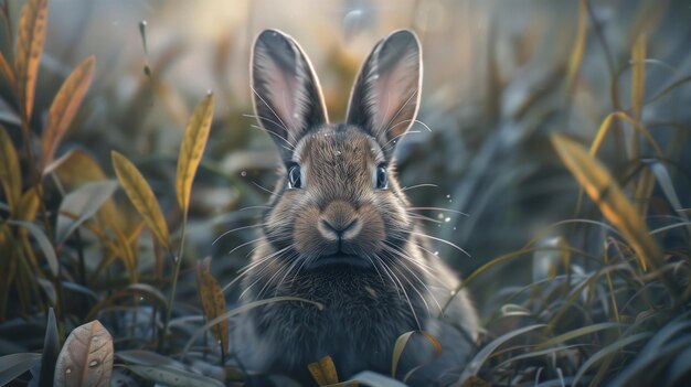 a rabbit in a field of grass with the sun shining through it