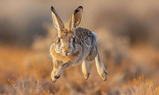 Photo a rabbit in a field with a brown and white fur coat