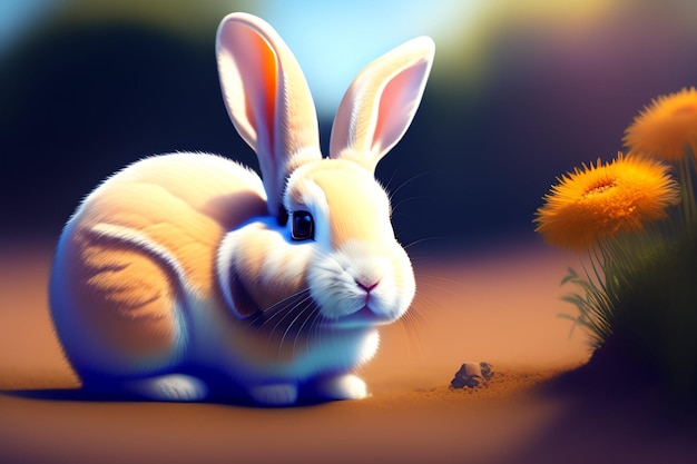 A rabbit in a field with a flower