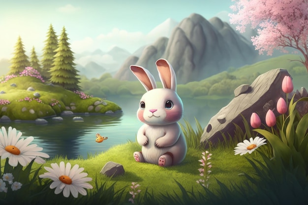 A rabbit in a field with flowers and a mountain in the background