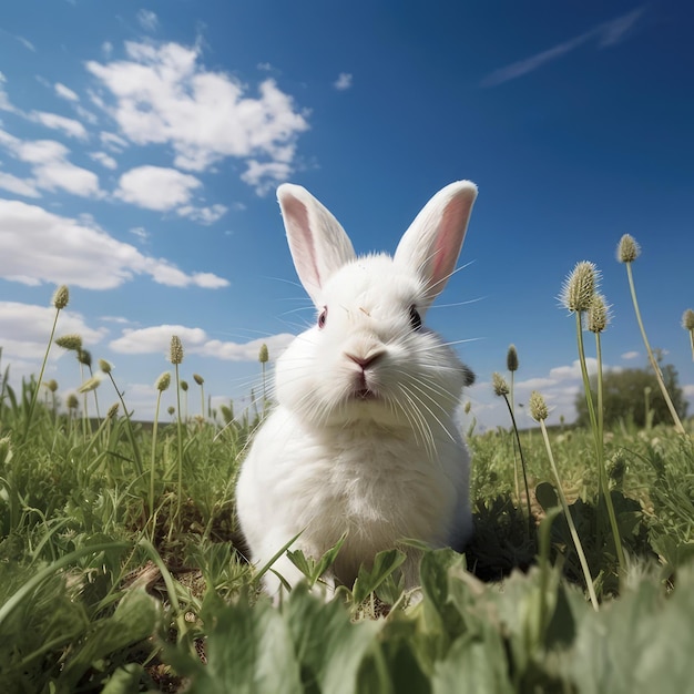 Photo a rabbit in a field with a sky background