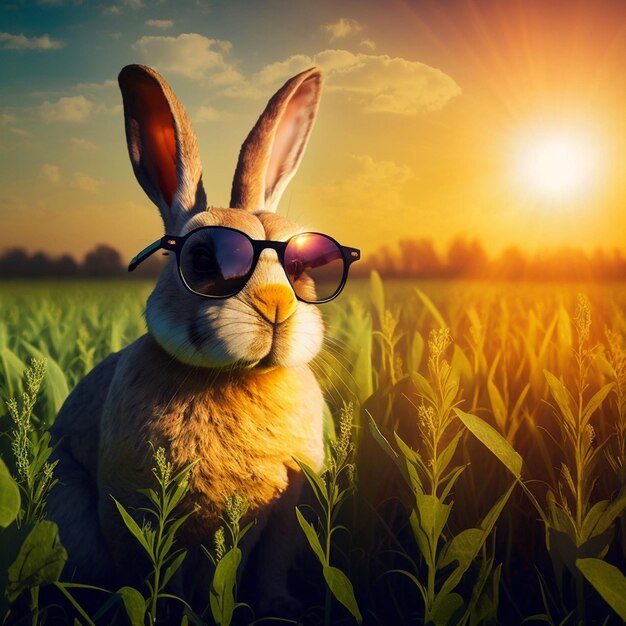 A rabbit in a field with sunglasses and a sunset background