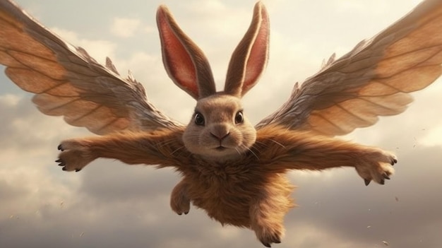 Rabbit flying in air with wings HD 8K wallpaper Stock Photographic Image