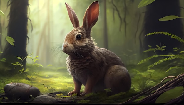 Rabbit in the forest realistic happy easter day