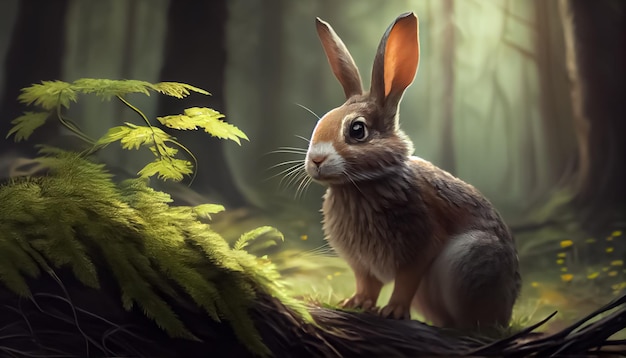 Rabbit in the forest realistic happy easter day