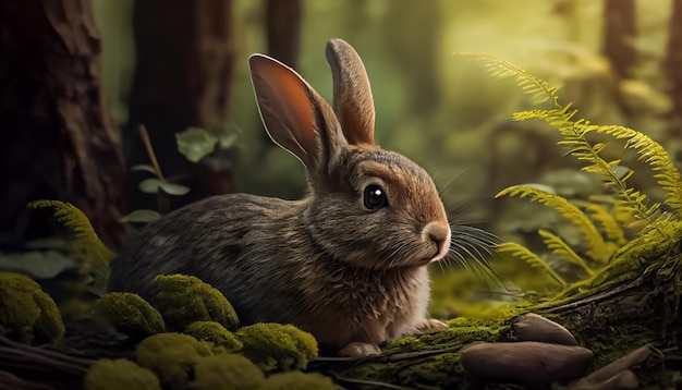 Rabbit in the forest realistic happy easter day