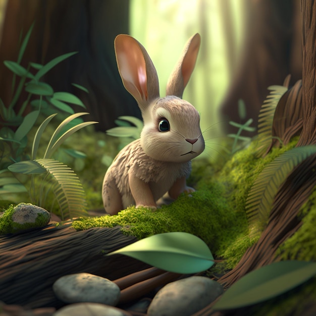 A rabbit in a forest with green leaves