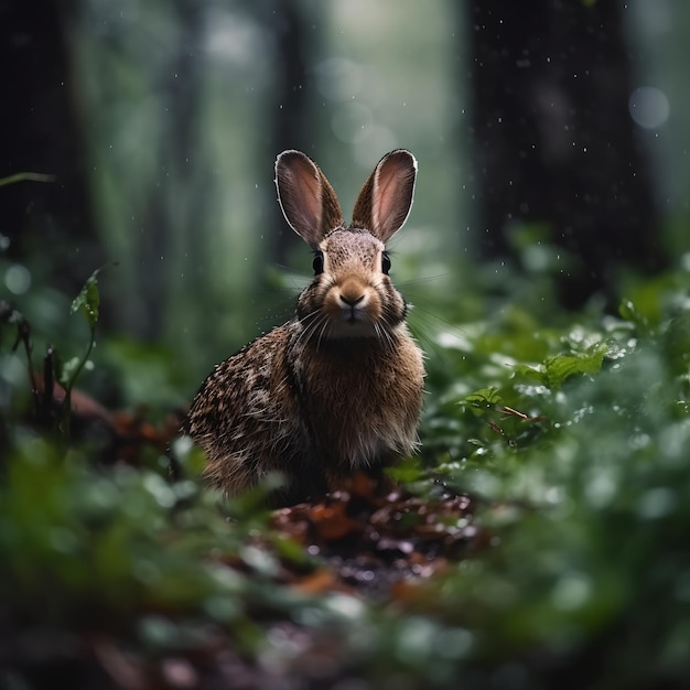 A rabbit in the forest with raindrops on its ears