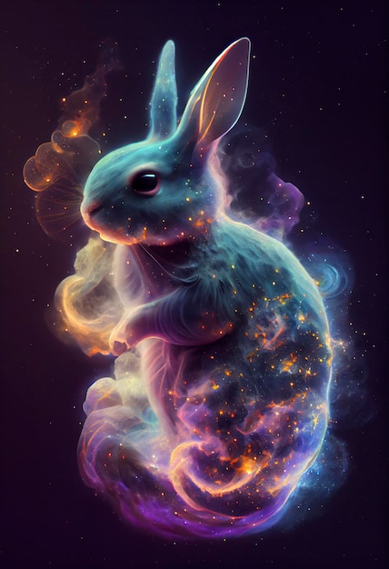 rabbit in galaxy stars with iridescent style and with the shape of a rabbits face