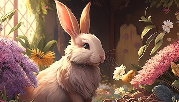 Rabbit on garden flower showcases an adorable bunny amidst colorful blooms evoking a sense of nature and whimsy