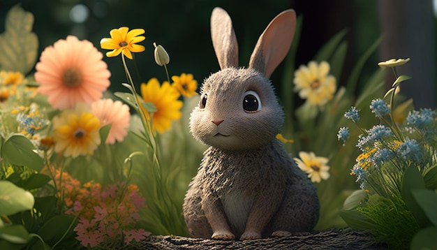 Rabbit on garden flower showcases an adorable bunny amidst colorful blooms evoking a sense of nature and whimsy