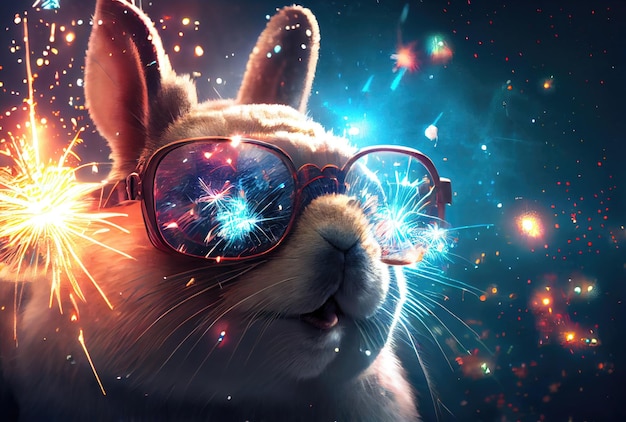 Rabbit in glasses looking at colorful fireworks to celebrate the Year of the Rabbit Animal and holiday concept Generative AI