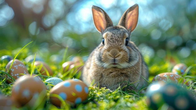 rabbit on the grass and decorated eggs in a flower field