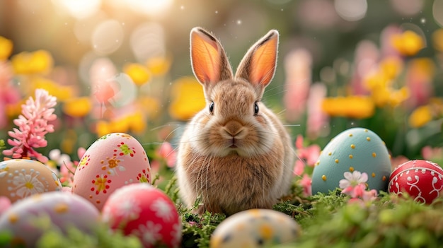 rabbit on the grass and decorated eggs in a flower field