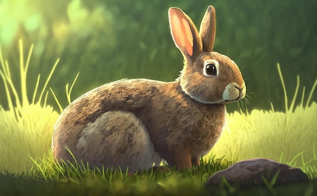 A rabbit in the grass. watercolor illustrations for kids cartoon style ai generated