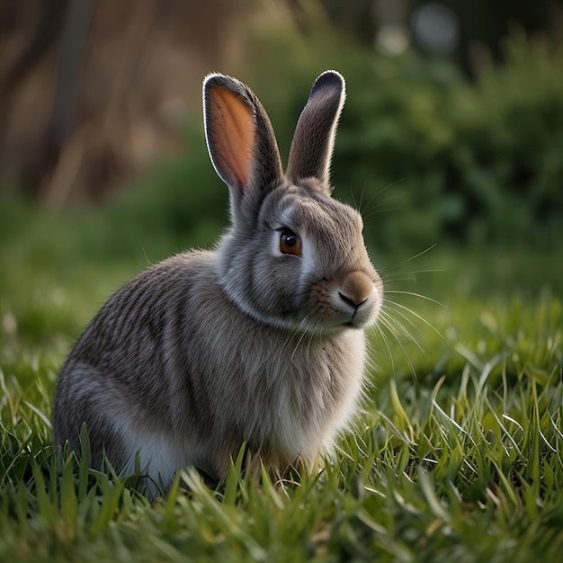 a rabbit in the grass with an eye that is on the side