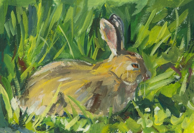 Rabbit green grass gouache painting