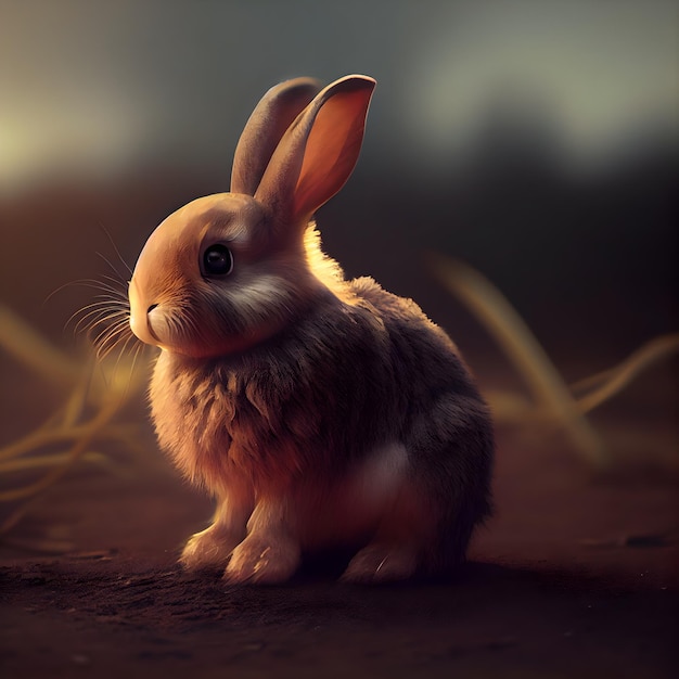 Rabbit on the ground in the forest 3d rendering