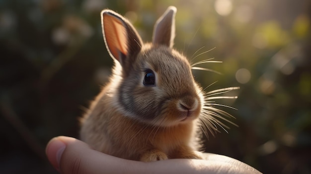 A rabbit in a hand is held by a person