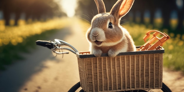 Rabbit have fun bicycle ride on sunshine day in summer on town street