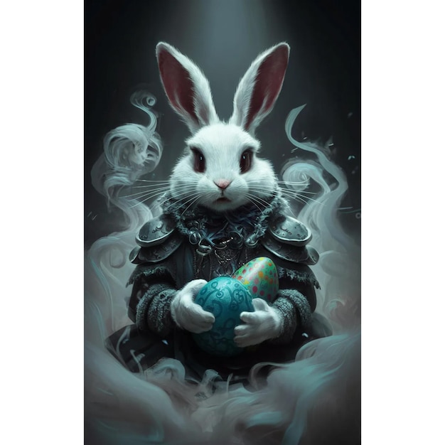 Photo a rabbit holding a blue egg with a rabbit in the middle