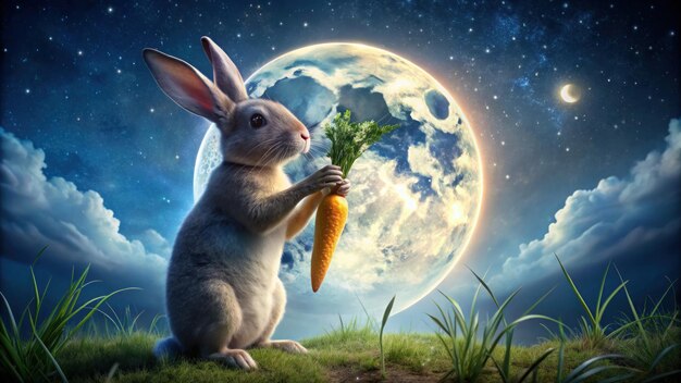 Photo rabbit holding a carrot with the moon in the background