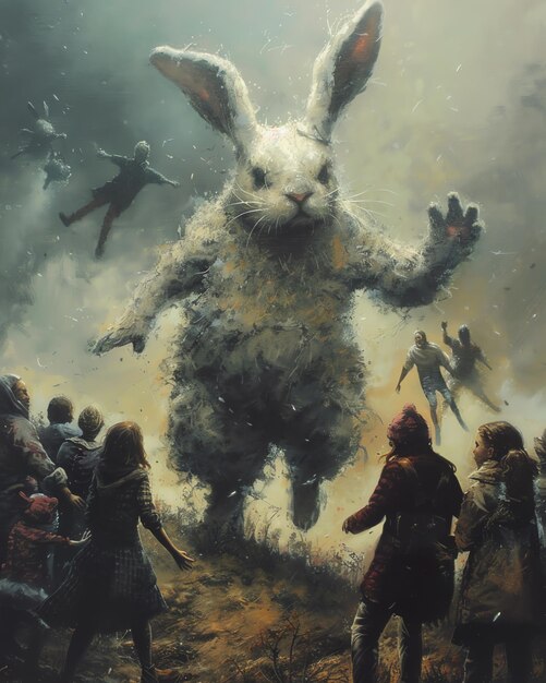 a rabbit is in the air with a man in a suit and the rabbit is jumping in the air