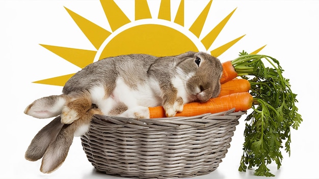 a rabbit is in a basket with carrots and the sun behind it