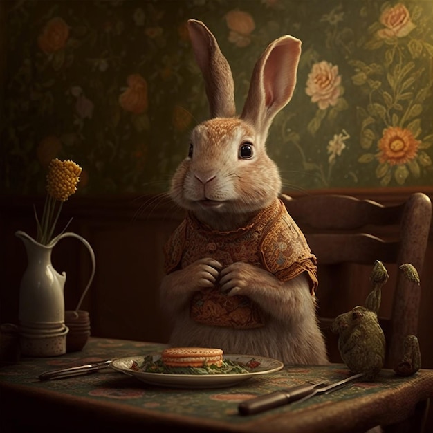 The rabbit is having dinner sitting at the table