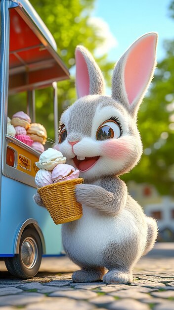 Photo a rabbit is holding a basket of ice cream and a basket of ice cream