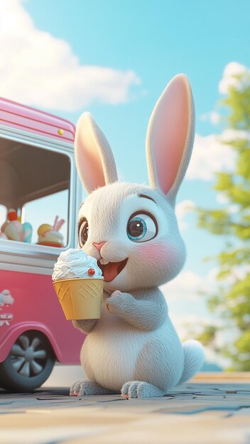 Photo a rabbit is holding an ice cream cone in front of a pink truck