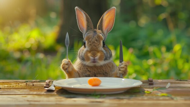 a rabbit is holding a plate with two knives and a plate with a carrot on it