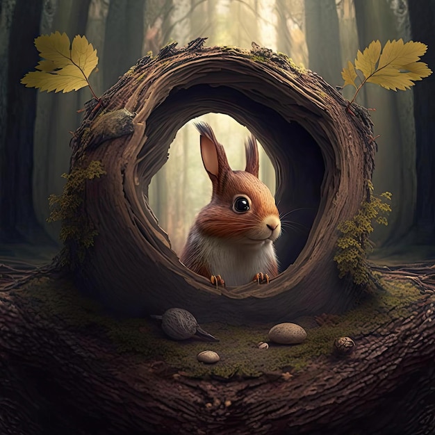 A rabbit is looking into a log in a forest