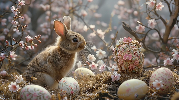 a rabbit is looking at a rabbit with eggs in the background