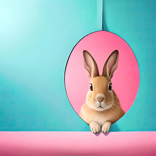 A rabbit is peeking out of a pink and blue wall.